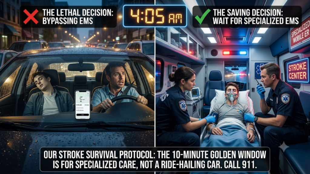 A comparison image illustrating the life-saving difference between calling specialized EMS and taking a generic ride-hailing car during a 4 AM stroke.