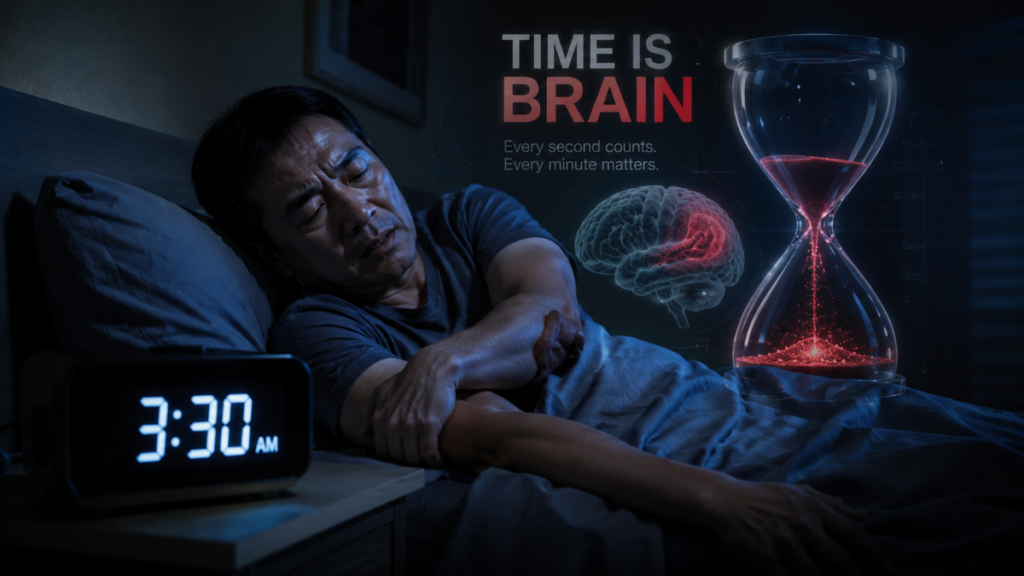 A person waking up at 3 AM rubbing a numb arm, symbolizing the fatal mistake of ignoring early stroke signs during the golden window.