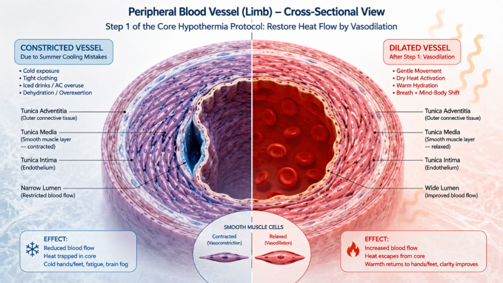 Anatomical diagram of peripheral vasodilation to safely release core heat and counter summer cooling mistakes.