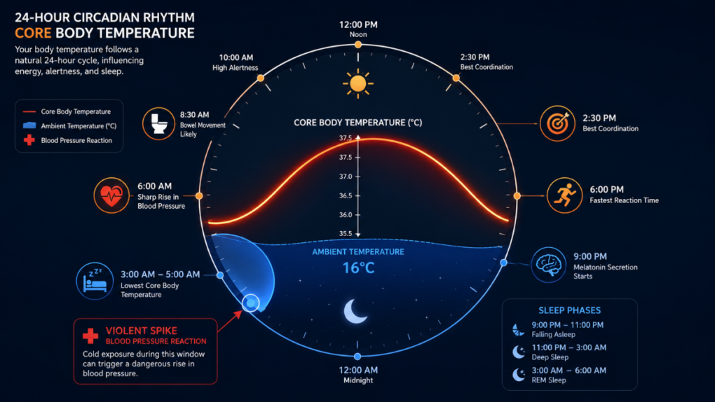 Circadian rhythm chart showing the cardiovascular dangers of 16°C AC and other summer cooling mistakes.