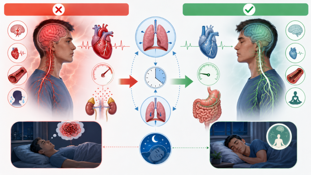 Conceptual diagram of parasympathetic nervous system activation to fix summer cooling mistakes and induce sleep.