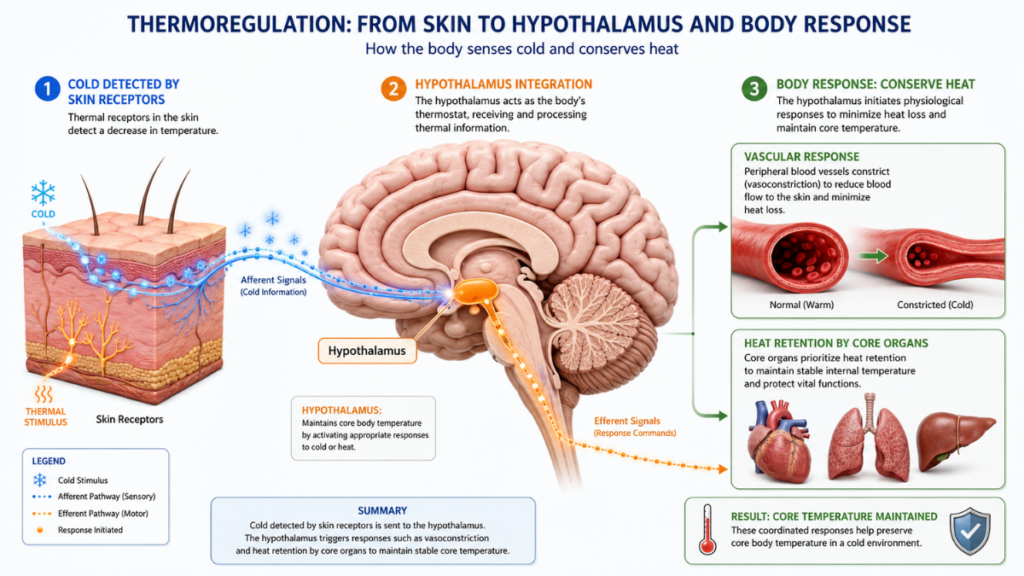 Medical diagram of the human hypothalamus reacting to summer cooling mistakes by trapping body heat.