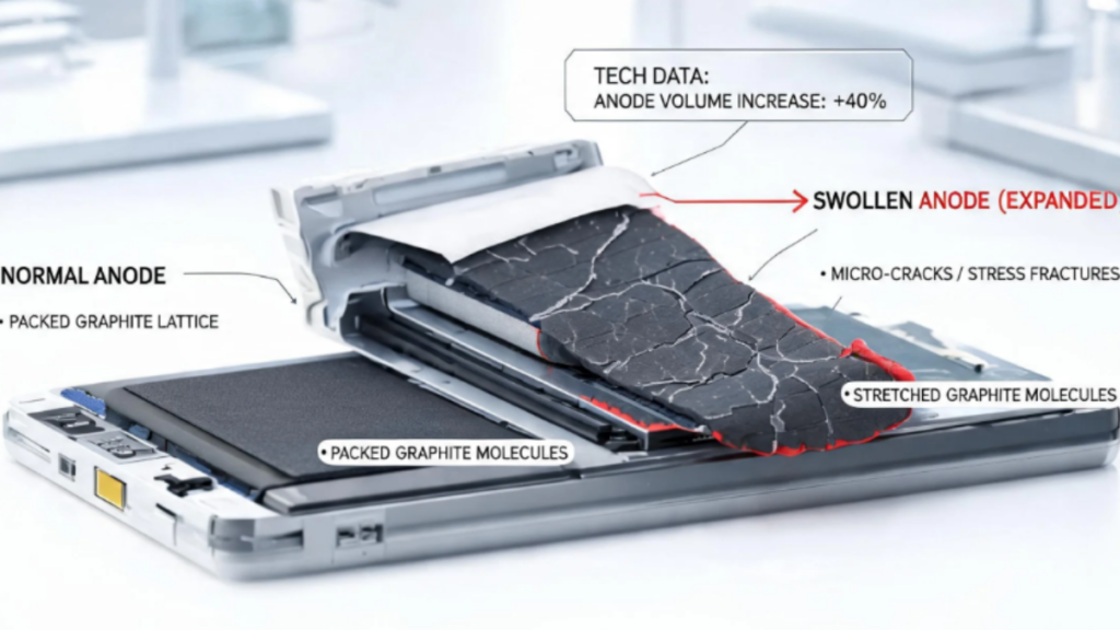 Internal mechanical stress and anode expansion inside silicon-carbon batteries.