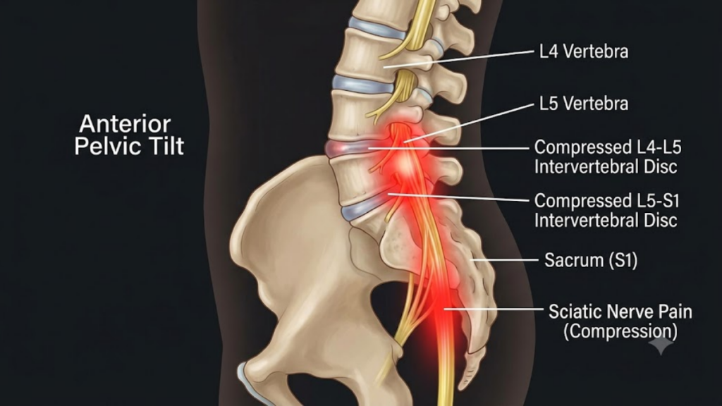 Spinal disc compression caused by Anterior Pelvic Tilt.