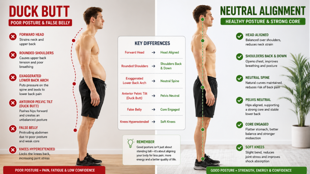 Visual symptoms and posture check for Anterior Pelvic Tilt.