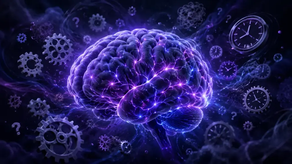 3D render of a human brain with glowing neural pathways and clock symbols.