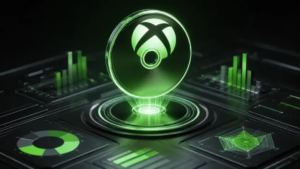 3d-render-digital-game-disc-with-rating-metrics-interface-for-xbox-game-pass-essential
