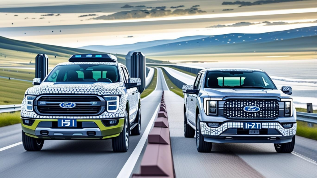 A Ford Maverick Hybrid and a futuristic Ford 2027 electric truck driving on a coastal road at sunset.