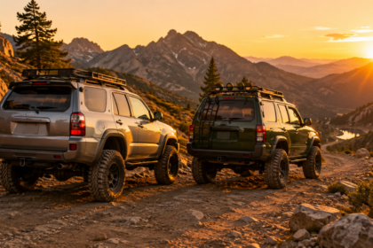 A Toyota 4Runner and a Nissan Xterra parked on a mountain trail ready for an outdoor adventure