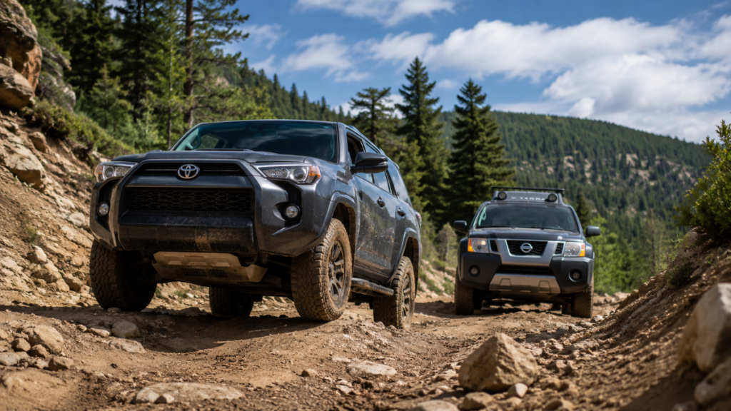  A Toyota 4Runner leading a Nissan Xterra on an off-road trail