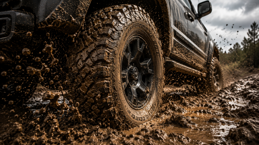  A Toyota 4Runner tire gripping a muddy surface