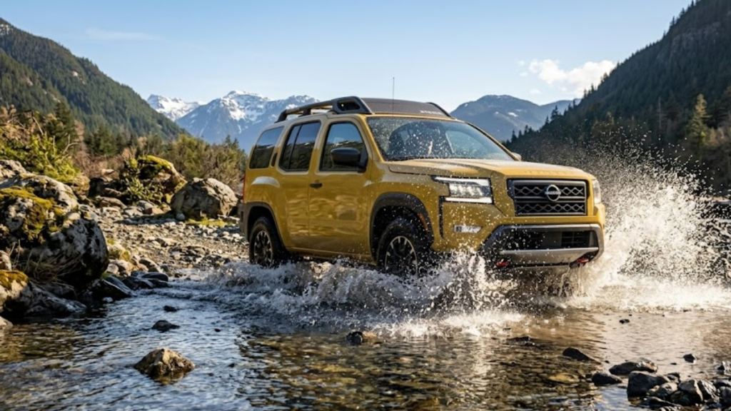 A capable Nissan Xterra performing water fording during an adventure