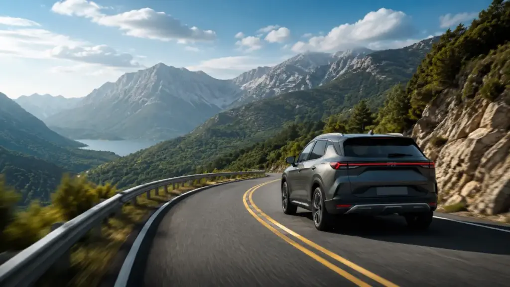 A car driving on a scenic road using Advanced Driver Assistance Systems.