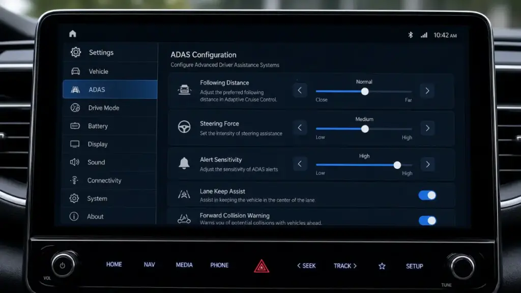 A car's infotainment menu showing settings for Advanced Driver Assistance Systems.