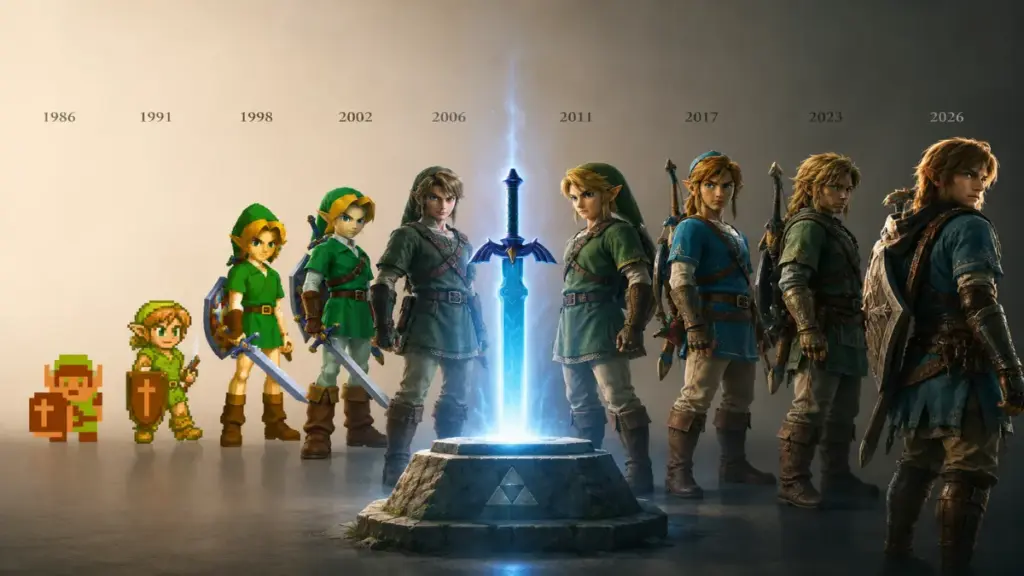 A cinematic montage illustrating the history and progression of various Zelda games in order across decades 1