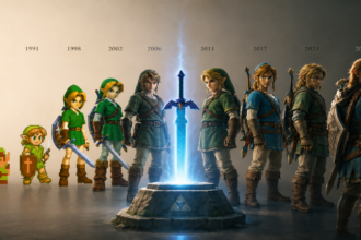 A cinematic montage illustrating the history and progression of various Zelda games in order across decades 1