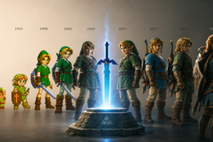A cinematic montage illustrating the history and progression of various Zelda games in order across decades 1