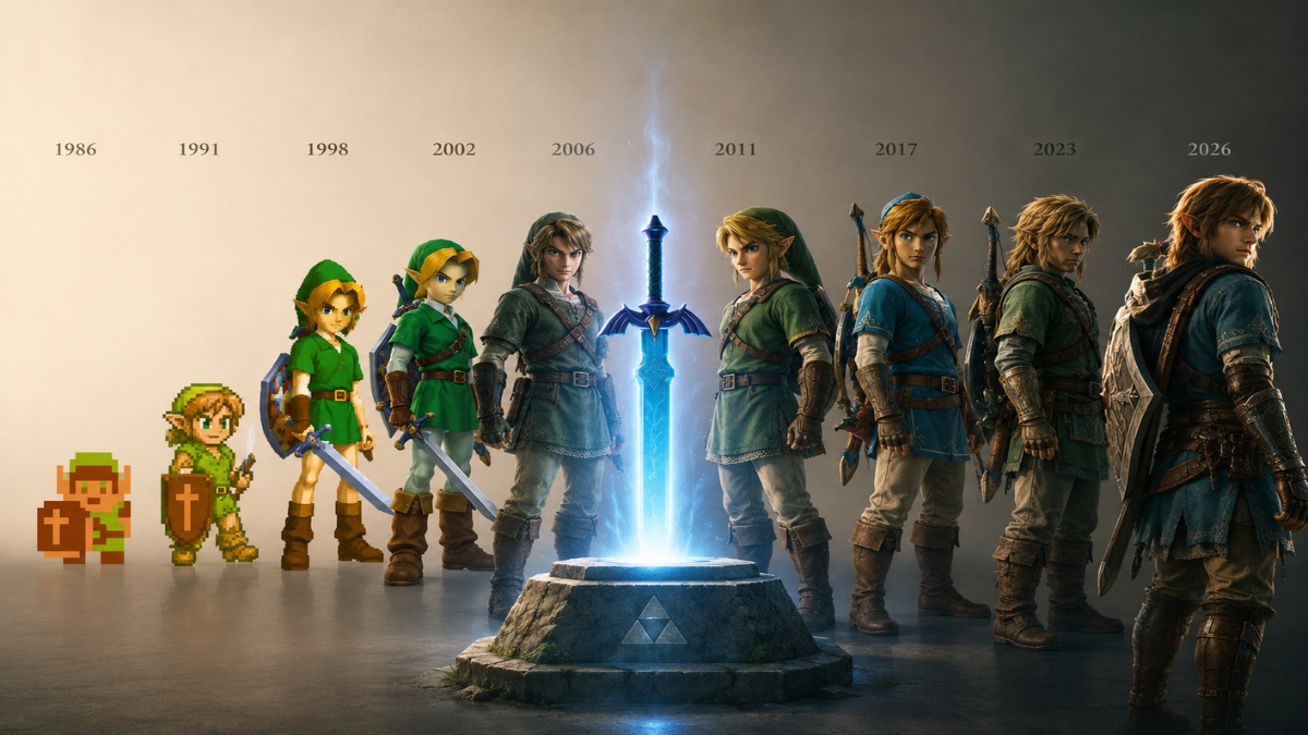 A cinematic montage illustrating the history and progression of various Zelda games in order across decades 1