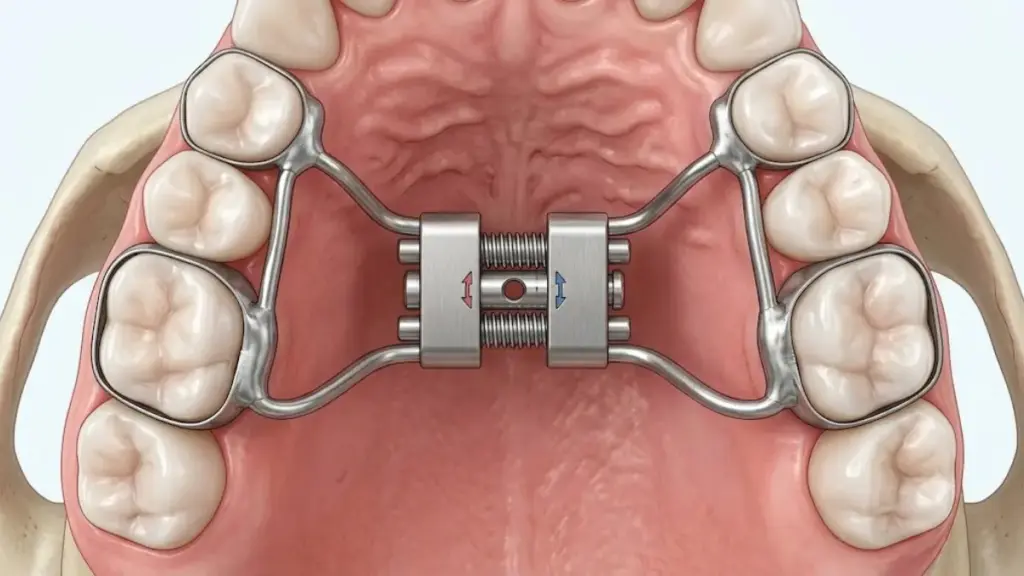 A clinical photo of a tooth-borne arch expander adults appliance.