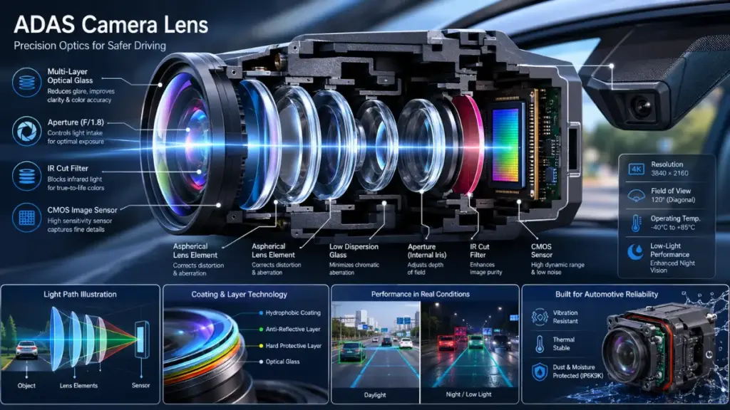 A close-up of a camera lens used in Advanced Driver Assistance Systems.