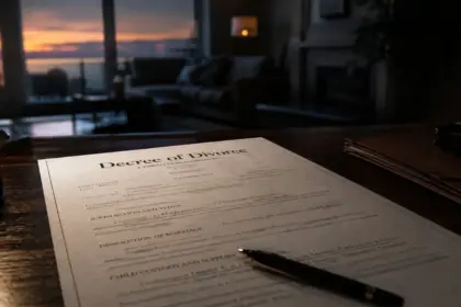 A close up of a signed divorce decree on a desk symbolizing the end of a legal chapter