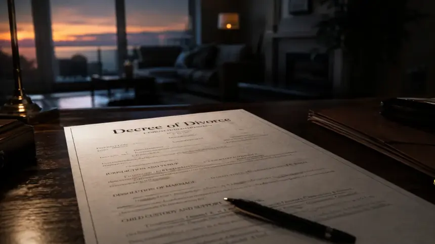 A close up of a signed divorce decree on a desk symbolizing the end of a legal chapter