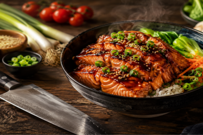 A colorful teriyaki salmon bowl representing fast easy lazy dinner recipes for tight schedules