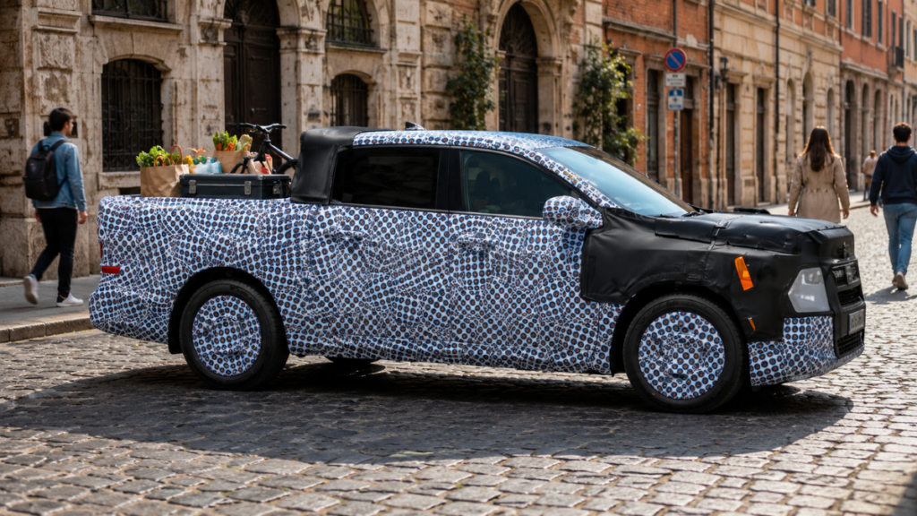 A compact blue Ford Electric Truck parked on a European street loaded with cargo.