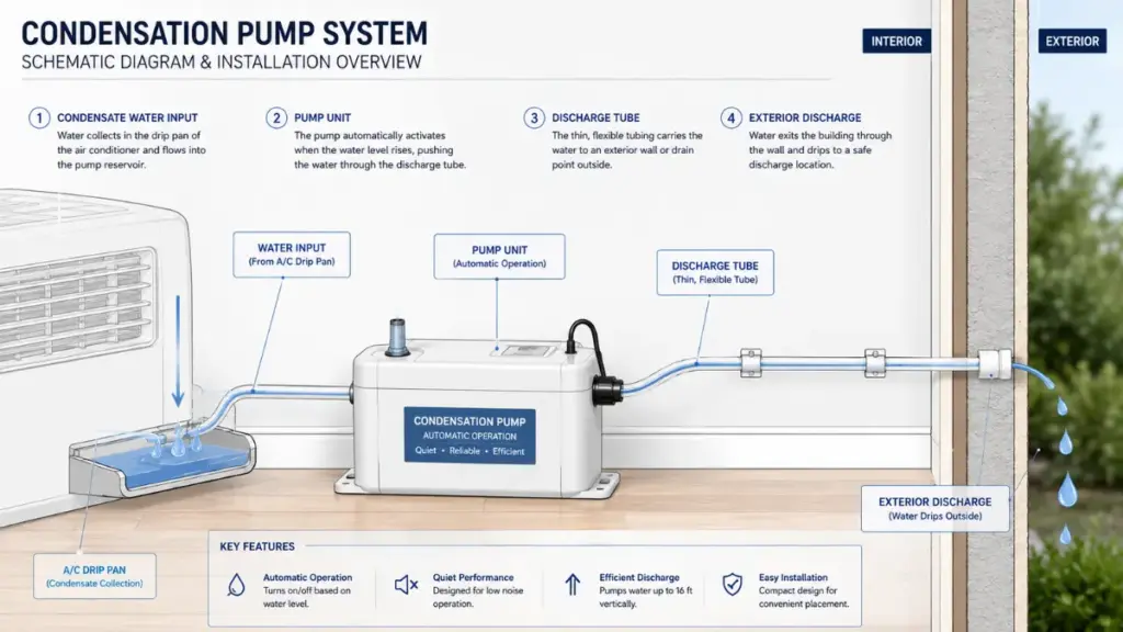 A condensation pump is a must-have for the best portable air conditioner performance in humid climates.