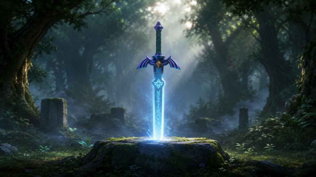 A detailed Master Sword render representing the faithful legacy found in Zelda games in order.