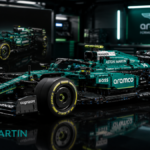 A detailed studio shot of the LEGO Technic Aston Martin AMR26 model