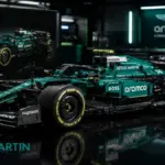A detailed studio shot of the LEGO Technic Aston Martin AMR26 model