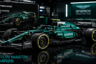 A detailed studio shot of the LEGO Technic Aston Martin AMR26 model