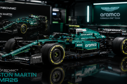 A detailed studio shot of the LEGO Technic Aston Martin AMR26 model