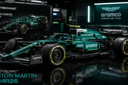 A detailed studio shot of the LEGO Technic Aston Martin AMR26 model