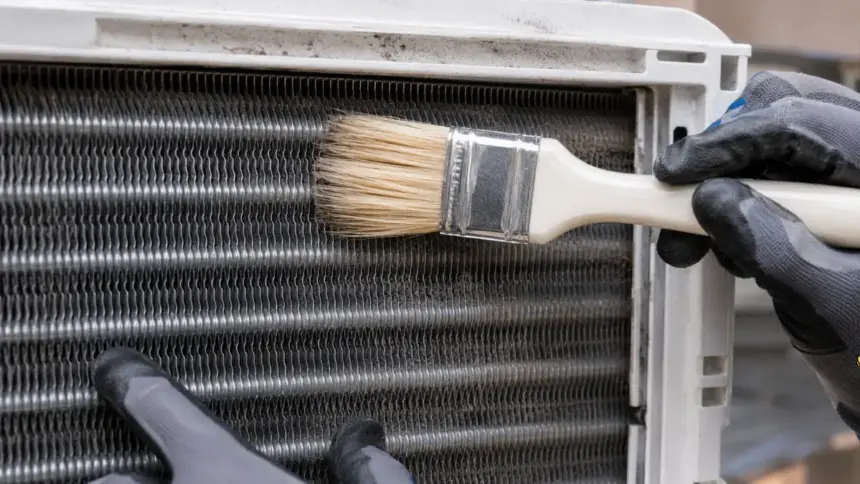 A detailed view of professional window ac unit maintenance on aluminum fins