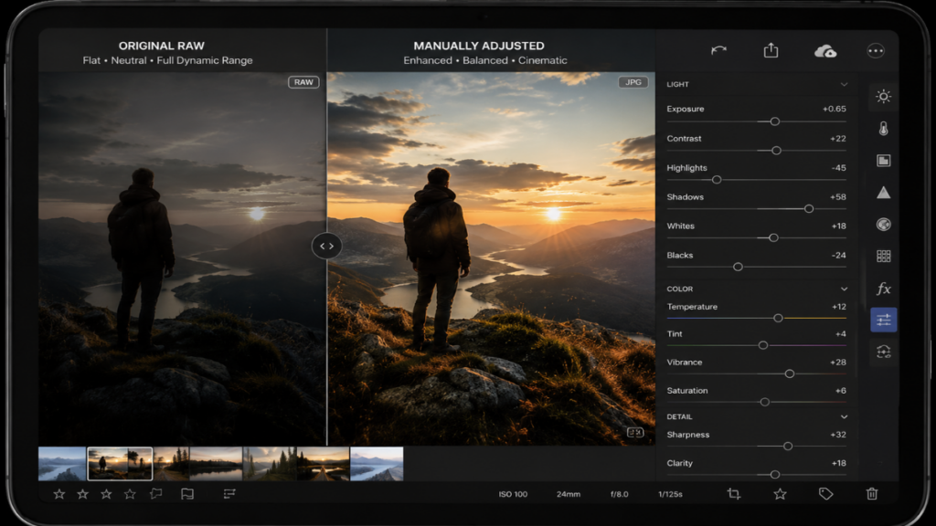 A digital workstation demonstrating manual control to fix a camera preview vs processed photo variance.
