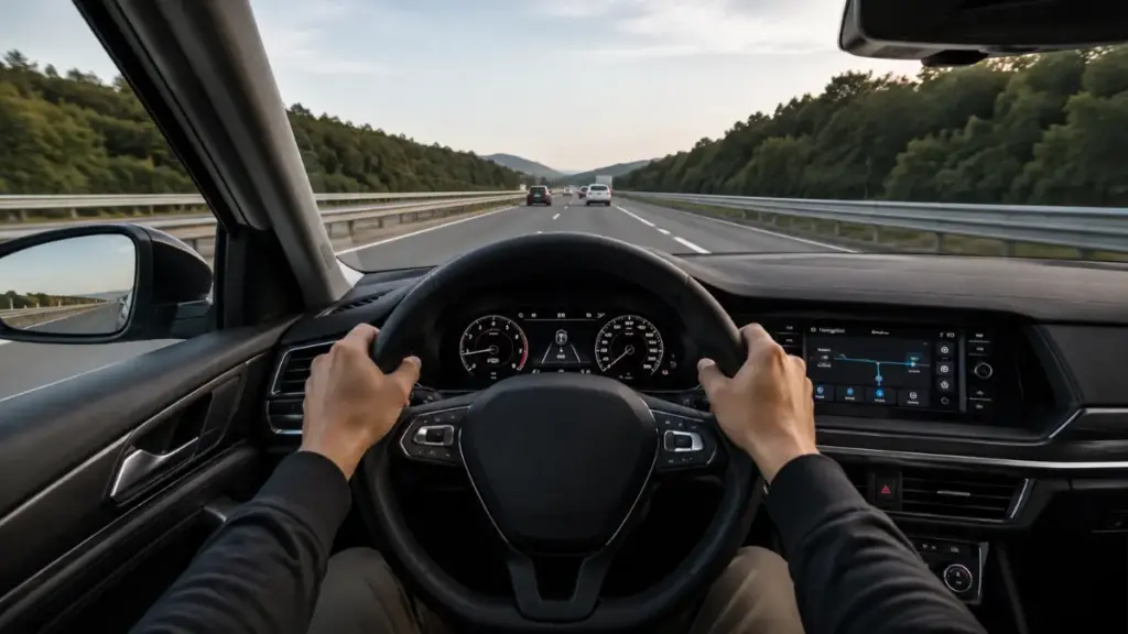 A driver using Advanced Driver Assistance Systems on the highway.