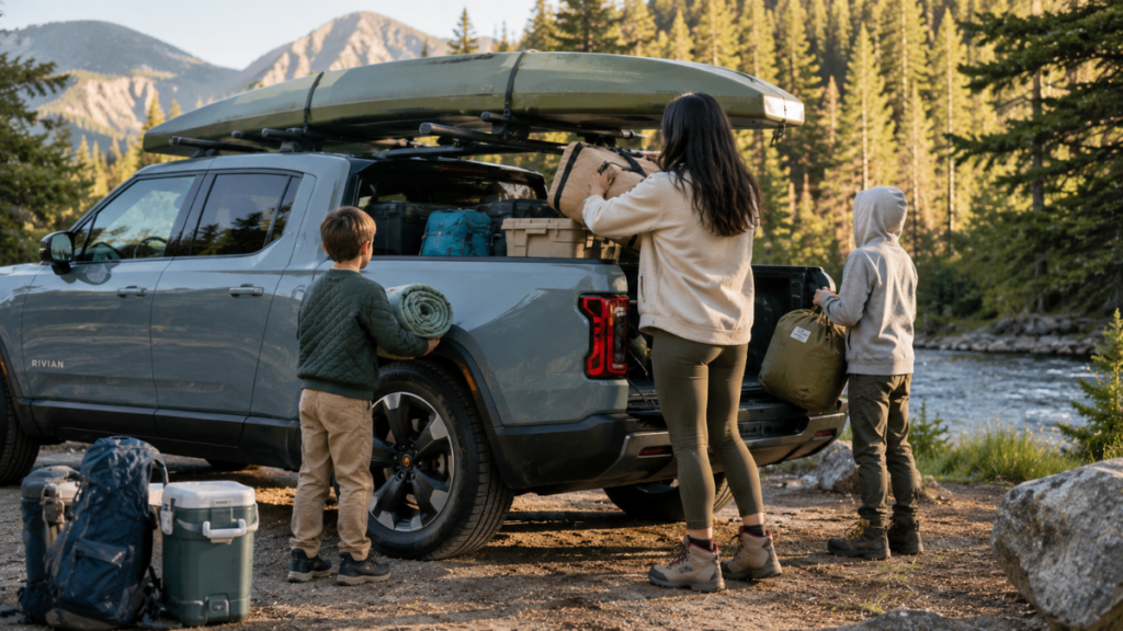 A family enjoying the versatility of their new Ford Electric Truck.