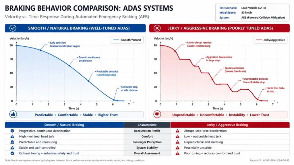 A graph comparing the braking smoothness of different Advanced Driver Assistance Systems.