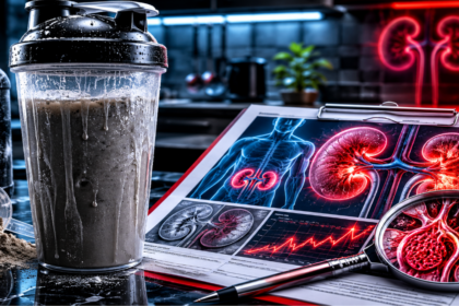 A medical and culinary presentation detailing critical side effects when you drink protein shake for breakfast