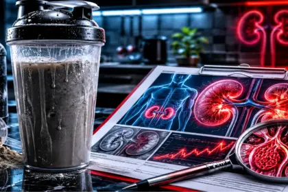 A medical and culinary presentation detailing critical side effects when you drink protein shake for breakfast
