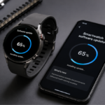 A modern smartwatch undergoing a successful smartwatch software update on a clean technology workspace desk