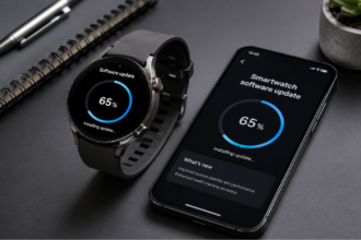 A modern smartwatch undergoing a successful smartwatch software update on a clean technology workspace desk