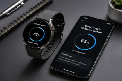A modern smartwatch undergoing a successful smartwatch software update on a clean technology workspace desk