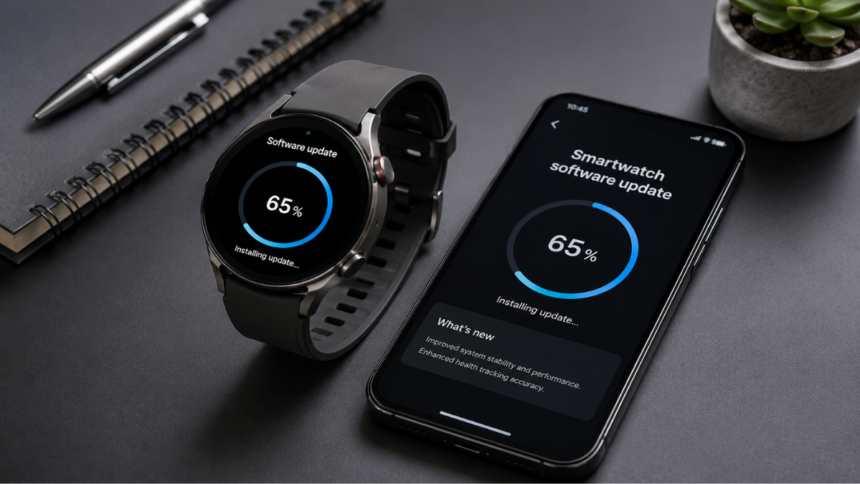 A modern smartwatch undergoing a successful smartwatch software update on a clean technology workspace desk