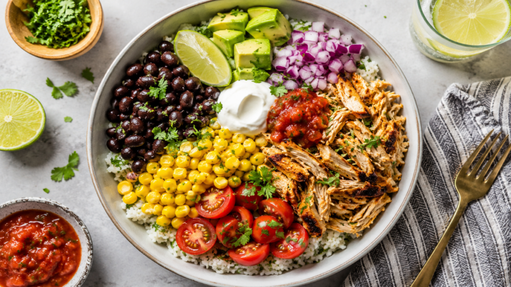 A-neatly-assembled-Southwest-rice-bowl-highlighting-easy-lazy-dinner-recipes-for-tight-schedules.
