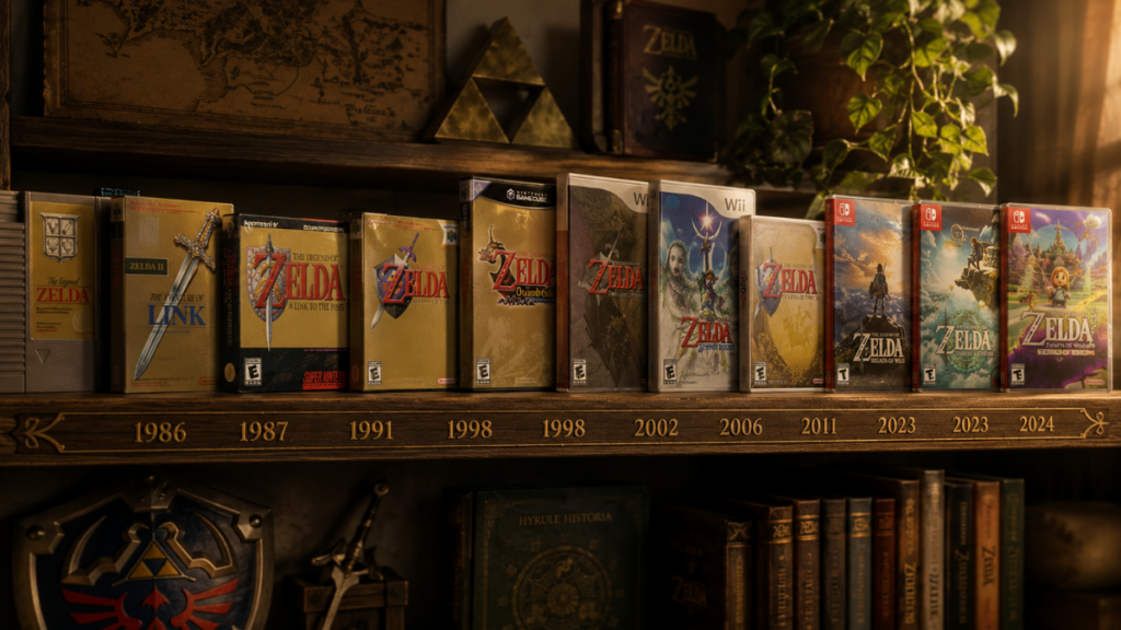 A personal game collection organized to help players experience Zelda games in order correctly.