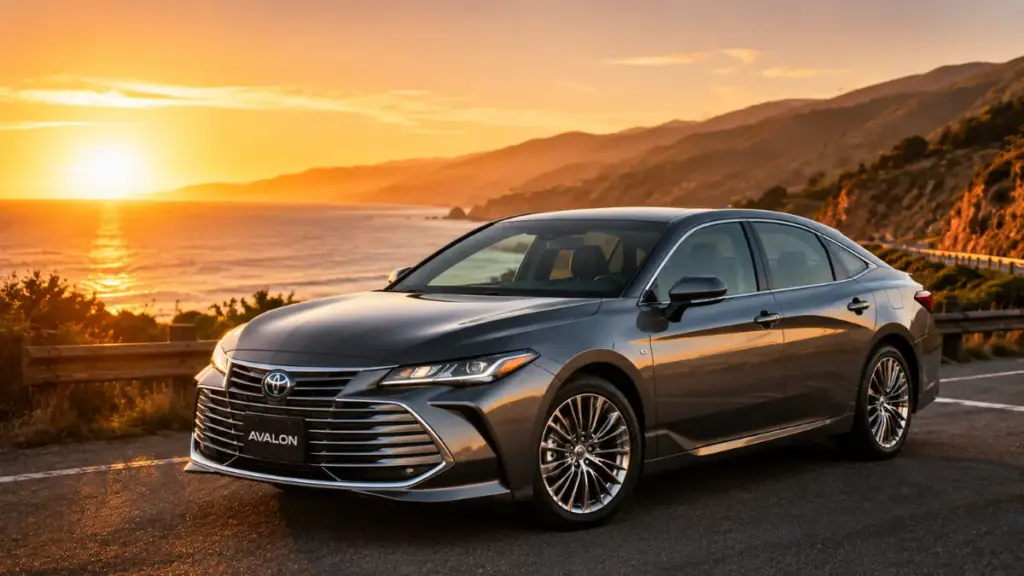A pristine Toyota Avalon parked along a scenic coastal road at sunset.
