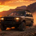 A rugged Old SUVs driving on a mountain trail